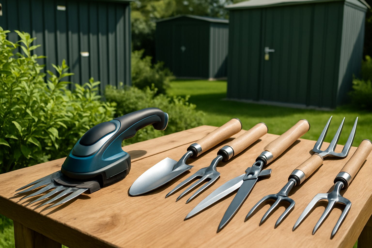 Verschiedene Gartenwerkzeuge wie ein Rasentrimmer und Metallgerätehäuser auf einer Werkbank im Garten.