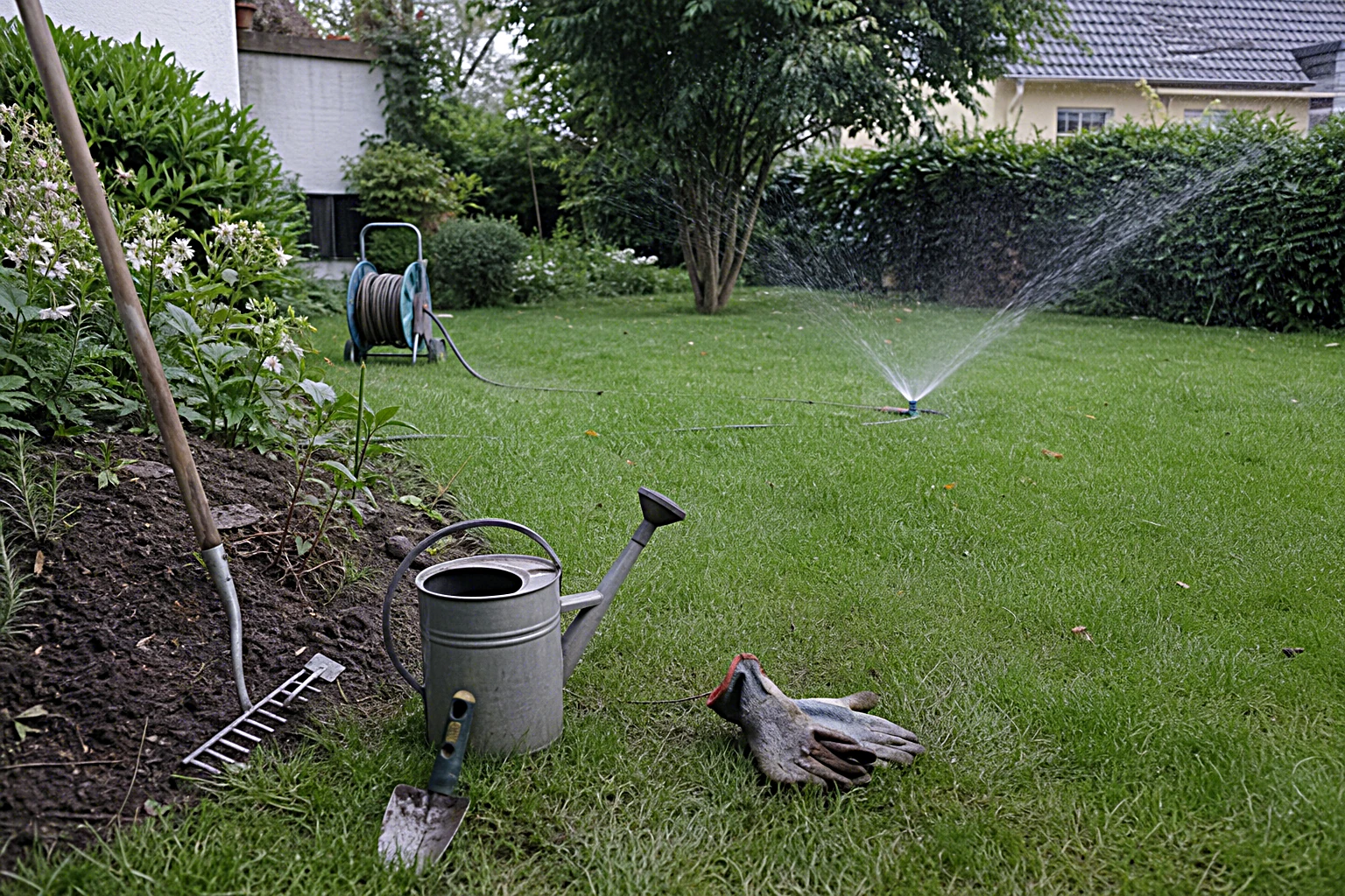 Ein gepflegter Hausgarten im Hochsommer wird bewaessert, saftiger gruener Rasen